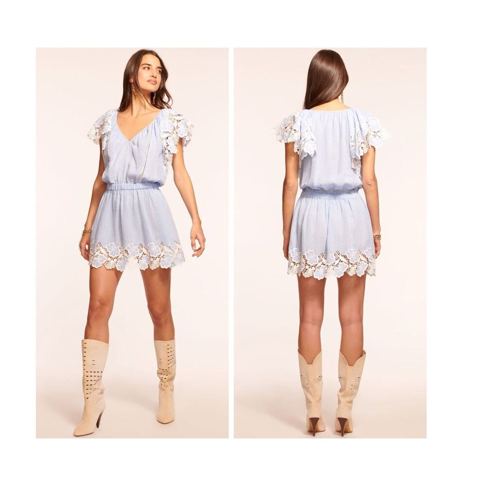 Ramy Brook Ryan Mini Dress Women Size L Blue Chambray Linen Embroidered NWT $495